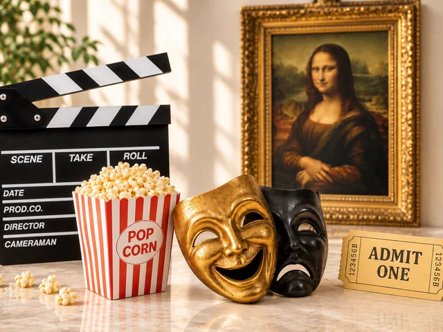 Színházi maszkok, popcorn és mozijegy
